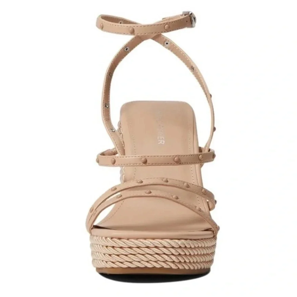 MARC FISHER Zig Studded Square Toe Beige Beachy Espadrille Wedge Heels